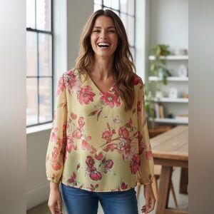 Kim Gravel Belle Blouse 1X NWT | Pink Red Floral Top Feminine Chic Style